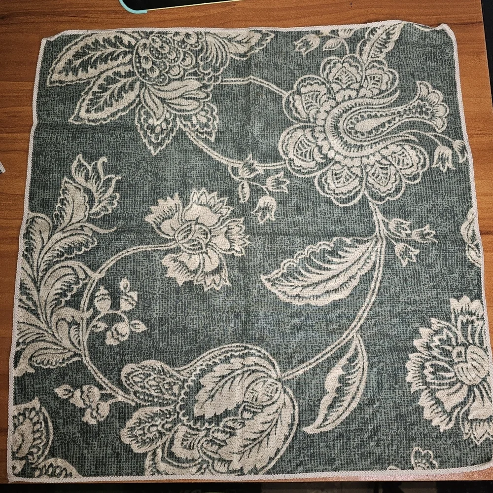 Vintage Damask Fabric Napkins Set of 4 | Green Ivory Floral | 15